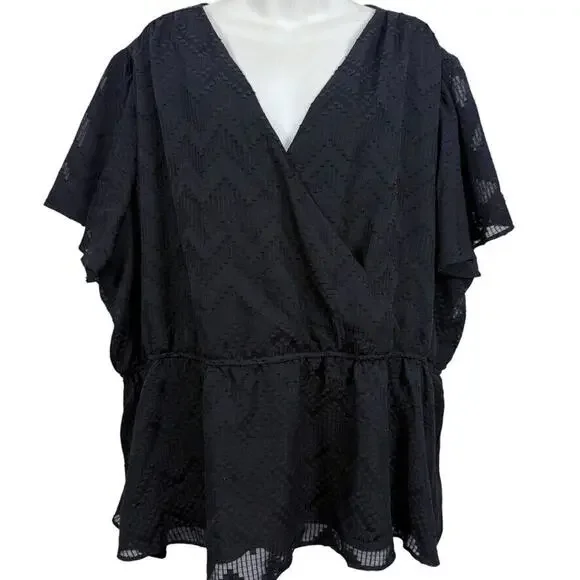 Lane Bryant Womens Black Short Sleeve Peplum Textured V-Neck Shirt Top NWT 26/28 - Picture 1 of 16